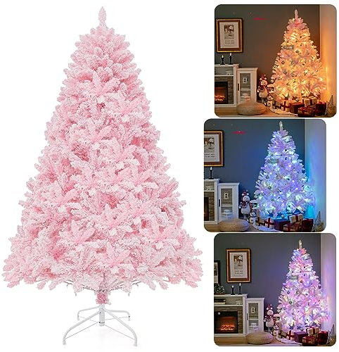 COSTWAY 180 cm Weihnachtsbaum Künstlich Rosa, Tannenbaum LED mit Schnee, 8 Lichtmodi, Christbaum mit bunten Lichtern & Metallständer, beleuchteter Festtagsbaum für Zuhause Büro Geschäfte, Pink