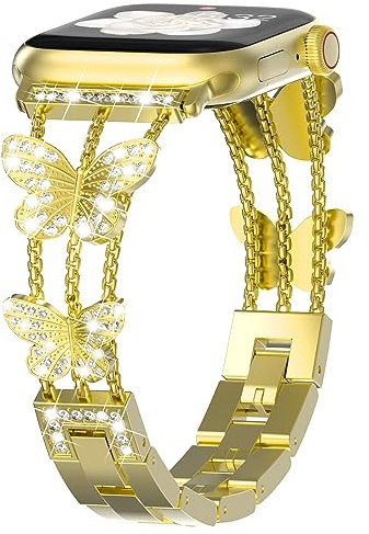 Fullife Bracelet Strap Compatible for Apple Watch 46mm 45mm 44mm 42mm(Series 3 2 1),Women Butterfly Bling Metal Stainless Steel Straps Replacement Band for iWatch SE Series 10/9/8/7/6/5/4/3/2/1,Gold