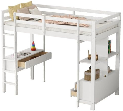 Azkoeesy Hochbett mit Schreibtisch, mit Stauraum Ablage und schubladen, für Kinder und Jugendliche, Einzelbett aus Kiefernholz, 90x200 cm, Weiß
