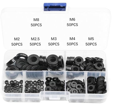 Modonghua 350pcs Washer Kit, Standard Flush Valve Seal, Different Sizes M2 M2.5 M3 M4 M 5 M6 M8, Assorted Flat Washers for Faucets Screws Household Plumbing Appliances Glass Shower Door(Black)