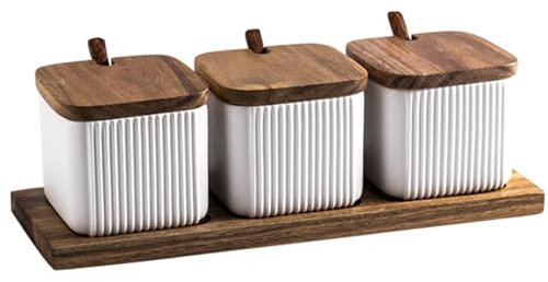 Soulnioi Gewürzdose aus Keramik, quadratisch, mit Löffel, Keramik-Gewürzglas mit Holzdeckel, Salzbehälter, Zuckerdose, Weiß, Set in 3 White
