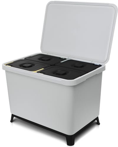 YourCasa® Poubelle de cuisine, à 4 compartiments, 40 l, au design exclusif, avec couvercle et pied, 4 seaux amovibles de 10 l, gris clair, 40 l