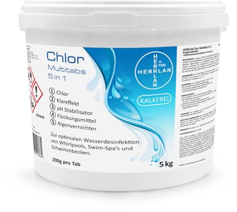 HERRLAN® Chlor Multitabs 5-in-1 – Extra große 200g Chlortabletten für Pool, Whirlpool & SwimSpa - 5 kg Made in Germany