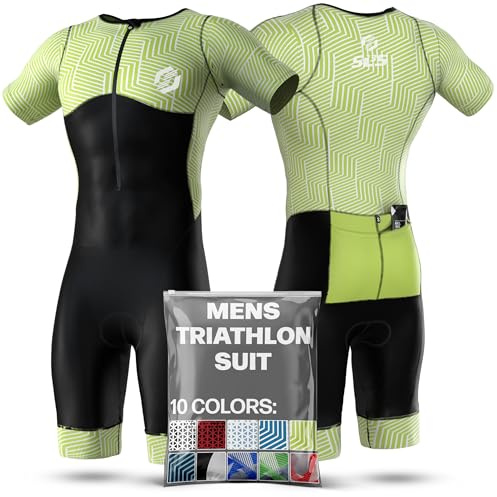 SLS3 Mens Triathlon Suit - Tri Suit Mens Short Sleeve - Breathable, Quick Drying Trisuit with 2 Pockets, Custom Padding for Cycling, Swimming & Running, Aero Design (Key Lime Hex, M)