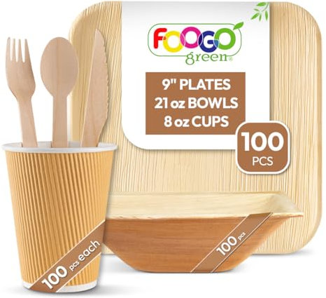FOOGO Green 600pcs Disposable Palm Leaf Plates and Bowls, Paper Cups and Wooden Cutlery Set, FSC® Certified, 100x Large Plates, 100x Bowls, 100x Cups, 100xForks, 100xKnives, 100x Spoons, Eco Friendly