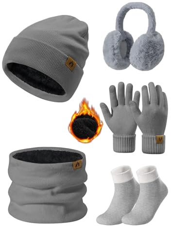 PASUDA Mützen Schal Handschuhe Damen Winter 5 Stücke Set Warme Fleece Gefütterte Beanie Wintermütze Halswärmer Touchscreen Handschuhe Plüsch Ohrenschützer Verdickte Socken Winterset (Grau, One Size)