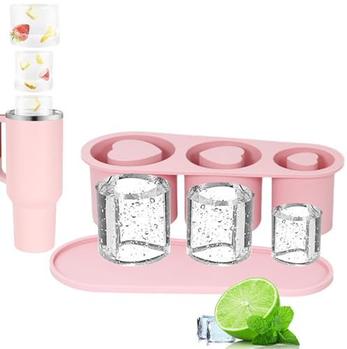 Holzsammlung Ice Cube Tray for Stanley Cup, Silicone Reusable Ice Cube Moulds with Lid for 20-40 oz Cup, for Chilling Whiskey, Cocktails, Drinks, Coffee, Easy Fill and Release Ice Maker (Pink)
