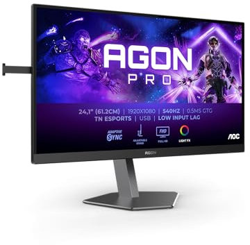 AOC Agon Pro AG246FK - Monitor Gaming FHD de 24,1 Pulgadas, 540 Hz, 0,5 ms, FreeSync Premium, Comp. G-Sync, HDR400 2X HDMI, DisplayPort, Hub USB Negro/Gris, TN, Adaptive Sync, 24 Pulgada 4K 540 Hz