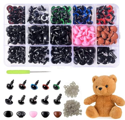 DEMOCRATIDO 560 Stück Kunststoff knopfaugen,Bunte Amigurumi Augen mit Unterlegscheiben,Sicherseitsnasen puppenaugen für Puppe Teddybär Spielzeuge DIY Basteln