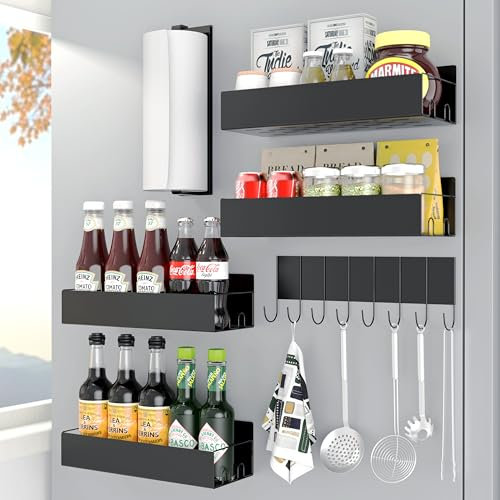 Bridgify Magnetic Spice Rack for Refrigerator - Black Metal Space Saving Fridge Shelves With Strong Magnets - Six-Piece Storage Rack