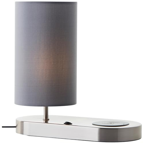 Brilliant Moderne Tischlampe mit integriertem Kippschhalter, Wireless Charging per Induktionsladeschale und grauem Stoffschirm - ideal für Nachttische und Schreibtische