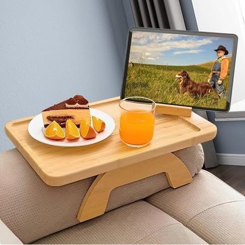 Oungy Armlehnen Tablett Holz, Sofatablett mit 360° Drehbarer Handyhalterung, Faltbarer Couch Tablett, Rutschfestes Sofatablett Armlehne, Sofa Tablett für Snacks, Telefon, Steuerung, Becher (Rectangle)
