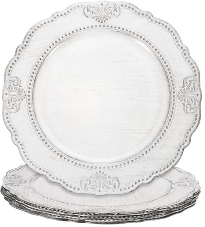 sourcing map 6pcs Vintage Charger Plates Bulk, 13 Inch Plastic Beaded Decorative Chargers for Dinner Plates Set Round Plate Charger for Wedding Party Event Table Setting Decoration, White