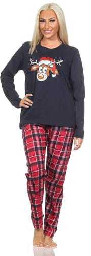 Normann Damen Langarm Weihnachts Schlafanzug Pyjama mit lustigen Renntier Motiv