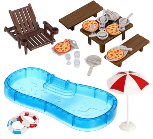 ERINGOGO 2sätze Puppenhaus Zubehör Set Mit Schwimmbecken Schwimmring Und Strandliege Miniaturmöbel Für Puppenhaus -bausatz Für Kreative Spielwelten Und Sommerdekoration