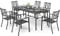 PHI VILLA Gartenmöbel Set Metall E-Coating Gartentisch mit Stapelbaren Stühle Set Rechteckiger Metall-Esstisch mit Schirmloch und 6 Gartenstühlen für Terrasse, Deck, Hof, Veranda Schwarz