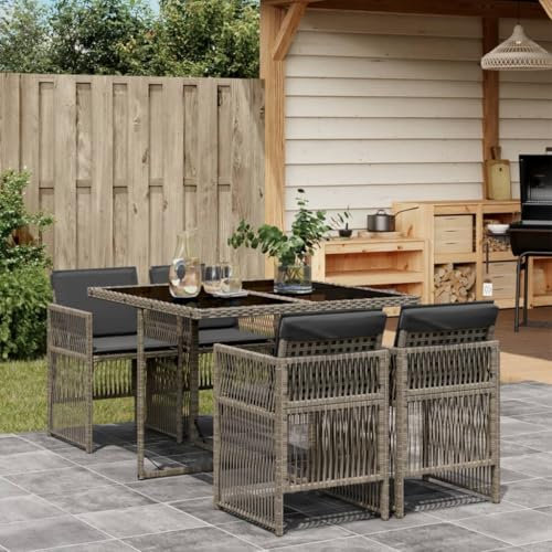 IKAYAA Polyrattan Gartenmöbel Set für 4 Personen, Garten Sitzgruppe, Rattan Essgruppe, Gartengarnitur, Sitzgarnitur, Terrassenmöbel Set, Gartentisch mit 4 Stühle & Kissen Grau Type-2