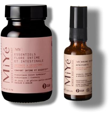 MiYé | Pack Probiotiques flore intime & intestinale + brume intime | Probiotiques, cranberry, acide hyaluronique, aloe vera | Sans hormones ni parfum, made in France