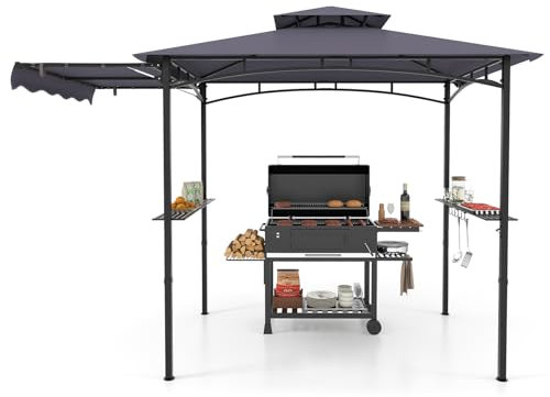 RELAX4LIFE Grillpavillon Wetterfest, mit Doppeldach & Seitendach, Grillüberdachung mit Seitenregalen, Haken & Flaschenöffner, BBQ Grill Pavillon, Outdoor Grillunterstand, Gartenpavillon 318x153x250cm