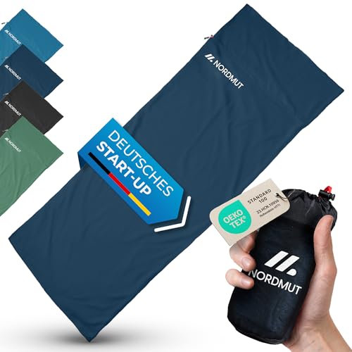 NORDMUT® Hüttenschlafsack Baumwolle Ultraleicht - Sommerschlafsack Kleines Packmaß & Atmungsaktiv - Schlafsack Dünn & besonders weich inkl. Kissenfach [220 x 90 cm]