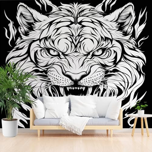 Gaqinhh Motif Animalier Tigre Papier Peint Panoramique 400 x 280 cm (L x H), Noir Salon Canapé Chambre Fond Décoration Murale, Papier Peint Panoramique 3D