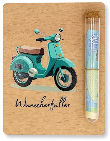 ZUKLA Verpackung Geldgeschenk Moped - 13 x 10 cm - mit Reagenzglas - Holz - Vespa Geschenke für Männer & Frauen - Geldgeschenke Geburtstag Roller - Vespa Spardose
