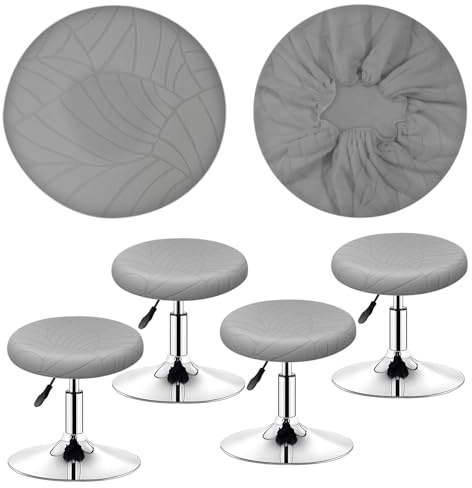 HuaLiSiJi Hockerbezug Rund Blätter Jacquard Bezug Hocker Rund 30-40cm Waschbar Pflegeleicht Weich und Langlebig, für Runde Oder Quadratische Hocke (4, Hellgrau)