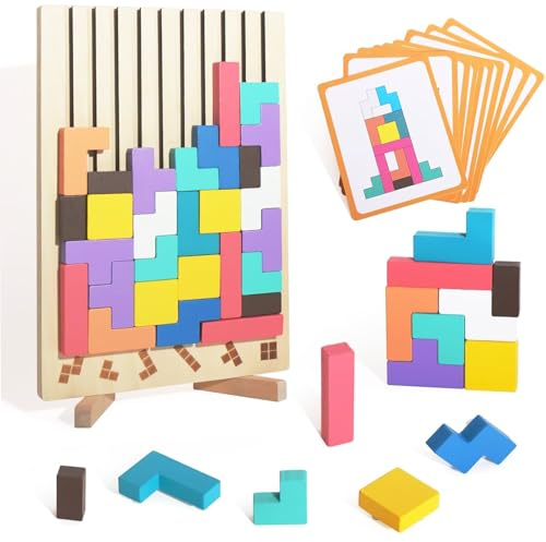 Holzpuzzle Tetris,Montessori Spielzeug ab 3 Jahre,Lernspielzeug,Intelligenz Jigsaw,Stapelpuzzle Spielzeug,3D Bunt Tetris Blöcke Stapelspiel mit Halterung, Geschenk für Jungen und Mädchen