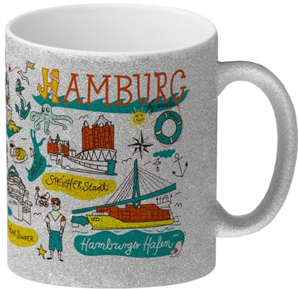 speecheese Hamburg Wimmelbild Glitzer-Kaffeebecher Lustiges Hamburgmotiv für Stadt- und Kaffeeliebhaber