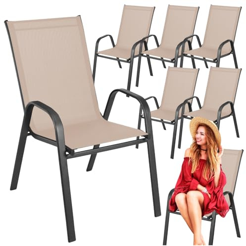 ZOLTA 6X Gartenstuhl Metall Taupe – Outdoor Stühle mit Armlehnen für Balkon Terrasse Garten – Textilene Sitzfläche – wetterfest - modernes Design – Bequeme Rückenlehne – max 120 kg – 89 cm hoch