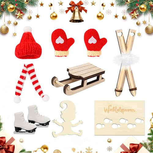 Wichtel Zubehör Weihnachten Set, 10 Stück Miniatur Wichtel Ski Skier Schlitten Schlittschuhen Mütze Schal Handschuhe Wichtelschablone Fußabdrücke für Puppenhaus Wichtelhaus Weihnachtsdekoration
