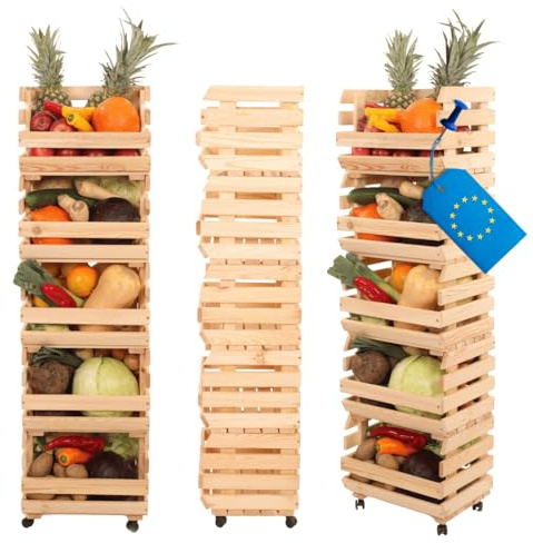 MODO24 Modular Holzregal für Gemüse & Obst auf Rollen, Stapelbares Regalsystem aus Kiefernholz, 5 Holzkisten, Kartoffelsteige, Küchenregal, Vorratsregal, Gemüseregal, Abm. 132x37x30 cm, Fargbe: Natur