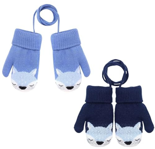 EYWILYWI Lot de 2 paires de gants tricotés épais pour enfants, moufles sur ficelle pour tout-petits, gants doublés en polaire chaude pour enfants, mignons moufles d'hiver chaudes pour bébés de 1 à 3