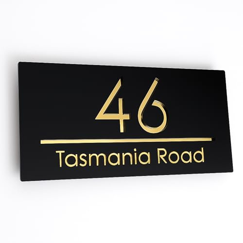 House Numbers Plaques Modern Door Plaques For Wall Address House Number Plates for Outside Personalised Laser Cut Front Door Number Acrylic Door Sign (Matt Black & Gold Text)