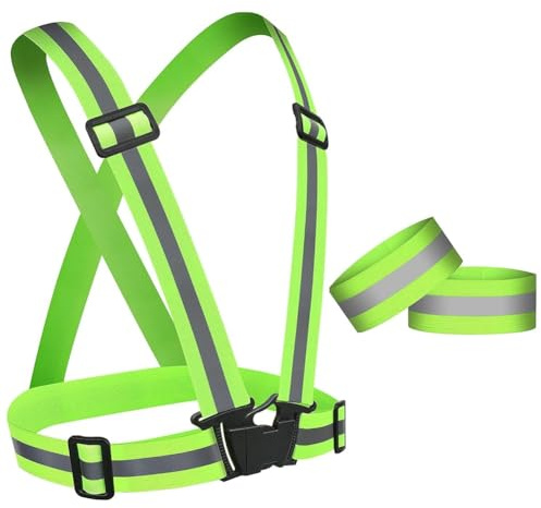 URAQT 1 Pièces Gilet de Sécurité vélo et 2 Pièces Bracelets de Sécurité, Réglable Elastique Gilet de Sécurité, Haute Visibilité Polyester Gilet Reflechissant Running pour Course/Faire du Vélo/Unisexe