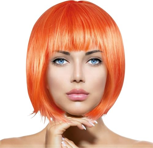 Trendandstylez Kurzhaar Perücke Damen bunt Set – Bob Wig mit Pony in 15 Farben | Fasching, Karneval, Party, Cosplay, Halloween, Mottoparty Party, Silvester, Charleston (Orange)