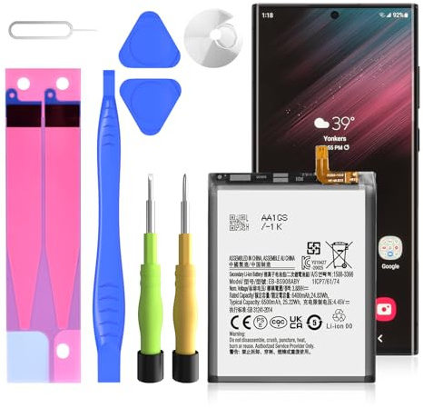Galaxy S22 Ultra Battery, 6500 mAh EB-BS908ABY Li-Ion Replacement Battery with High Capacity for Galaxy S22 Ultra 5G SM-S908U with Repair Tool Kits