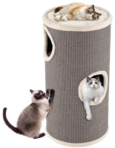 GOPLUS Kratztonne 3 Ebenen, 70 cm Katzentonne mit 3 Höhlen, Plüschbett, Liegefläche & Sisal-Kratzbrett, Kratzbaum für kleine & mittelgroße Katzen, Katzenkratzbaum, Ø 36 cm (70 cm,Grau)