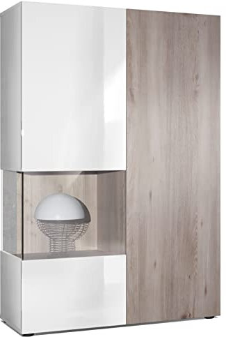 Vladon Vitrine Kommode Hochschrank Morena, Made in Germany, Korpus in Weiß matt/Rechte Tür und der Einsatz in Eiche Nordic