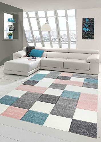 Merinos Tapis de Salon Design avec Motif en Damier Rose Turquoise Gris Größe 200 x 290 cm