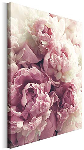 Revolio 50x70 cm Leinwandbild Wandbilder Wohnzimmer Modern Kunstdruck Design Wanddekoration Deko Bild auf Leinwand Bilder 1 Teilig - Blumen rosa Pfingstrosen weiß