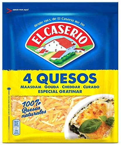 El Caserío Queso Rallado 4 Quesos Especial Gratinar: Maasdam, Gouda, Cheddar y Curado 100% Quesos Naturales 120g