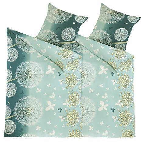 optidream 4 teilig Bettwäsche Set Mikrofaser 135x200 cm 80x80 cm Pusteblume Schmetterling Grün mit Reißverschluß 100% Microfaser