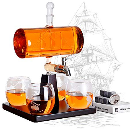 Glass Whiskey Decanter with Glasses - 1100ml Barrel Whiskey Carafe Decanter Set with Ice Wine Stone for Brandy Wine Scotch Bourbon