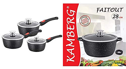 KAMBERG - 0008039 - Set 3 Casseroles 16/18 / 20 cm - Manche Amovible - Revêtement Type Pierre & 0008033 - Faitout 28 cm - Fonte d'Aluminium - Revêtement Type Pierre - Couvercle en Verre