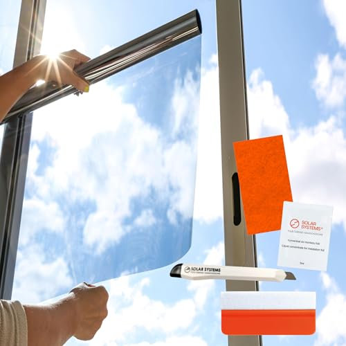 Solar Systems Fensterfolie Sonnenschutzfolie für Wärmeisolierung mit Montagekit - Anti-UV Solarfolie für Innen und Außen - Silber Spiegelfolie Selbstklebend - Hält die Wärme im Gebäude (50 x 300cm)