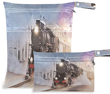2pcs windeltasche Wet bags Wasserdicht Dampf Zug Track Sonnenuntergang Nasstaschen wiederverwendbar Wasserdicht Waschbar Organizer Beutel für Kleinkind Windeln Reisen Gym Strand Pool