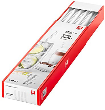 ZWILLING Pailles droites réutilisables en verre borosilicate pour boissons chaudes ou froides, pack de 4 pailles + 1 brosse à nettoyer, longueur 23 cm, couleur: transparente, série Sorrento