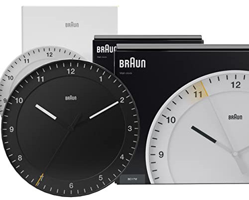 Braun Klassischer Mixed Analog Wanduhr Zuhause Geschenke mit ruhiges Quarzuhrwerk, leicht lesbares Zifferblatt, 30cm Durchmesser in Schwarz + Weiß, Modell BC17B, BC17W (2er Pack)