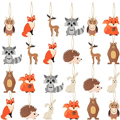 Haooryx 25 Stück Weihnachts Waldtiere, Hängende Holzornamente Rustikale Waldeule Eichhörnchen Waschbär Hirsch Igel Holz Handwerk Tags für Weihnachtsbaumdekoration Weihnachts Party Dekoration